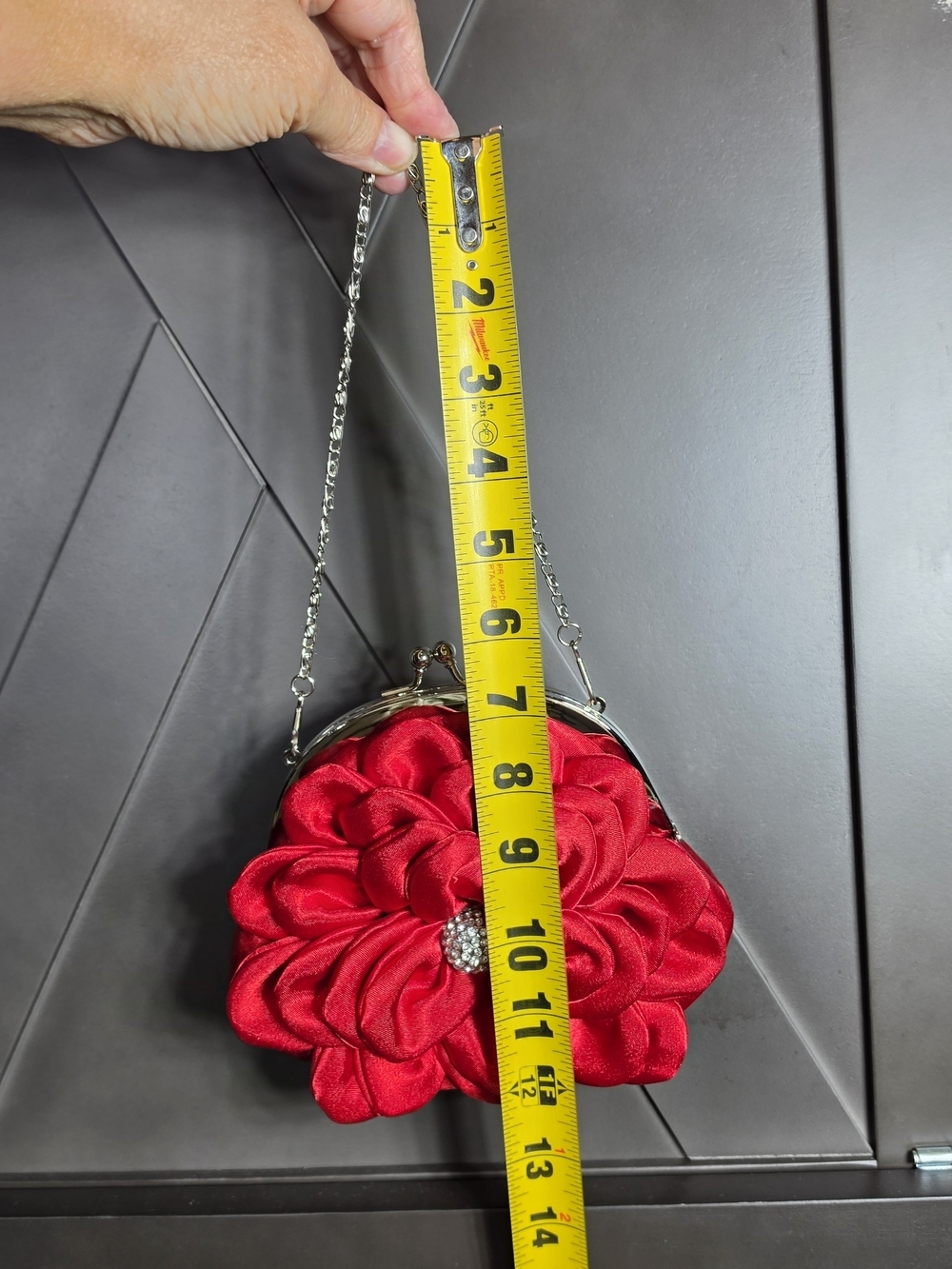 Daniel Ames Couture Vintage Red Floral Satin Kiss Lock Purse Rhinestone Silver - Picture 5 of 8
